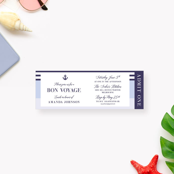 Bon Voyage GoodBye Party Ticket Invitation, Going Away Ticket Invites, Nautical Themed Farewell Party Ticket