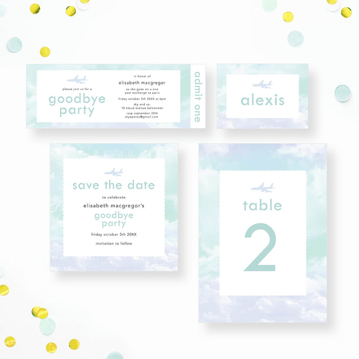 Goodbye Party Invitation Card with Flying Airplane and Blue Clouds, Going Away Invites, Farewell Invitations, Adios Party Invite Card