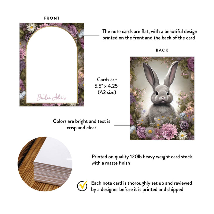Floral Easter Note Cards with Arch Frame, Personalized Bunny Stationery Sets, Floral Rabbit Thank You Notes, Happy Easter Notes with Spring Flowers, Kids Easter Gifts