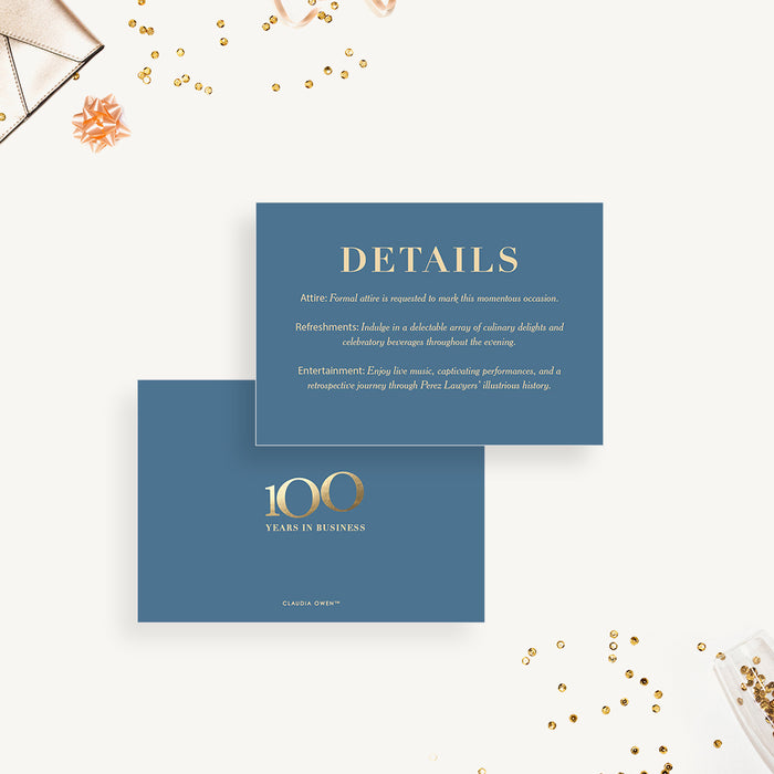Dusty Blue and Gold Invitation Card for 100th Anniversary Celebration, Elegant Invitation for 100 Years in the Business Party, Centennial Invitation