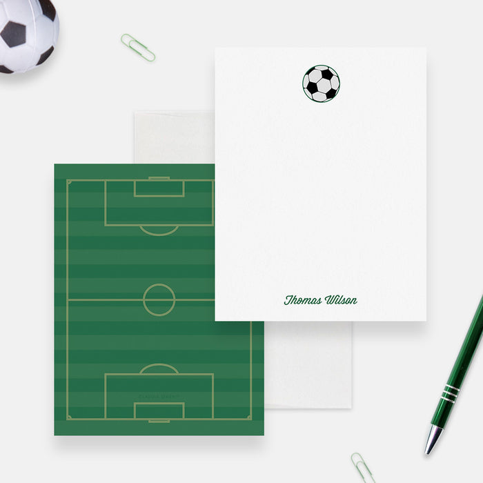 Soccer Ball Personalized Note Card, Football Soccer Field, Custom Set of Flat Cards For Men and Boys, Soccer Fan Sports Lover Stationery
