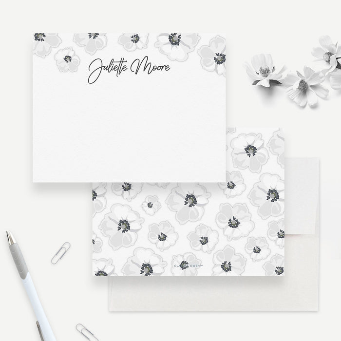 White Flowers Personalized Note Card Set For Women All White Theme Floral Office Stationary, Unique Notecard Gift for Her