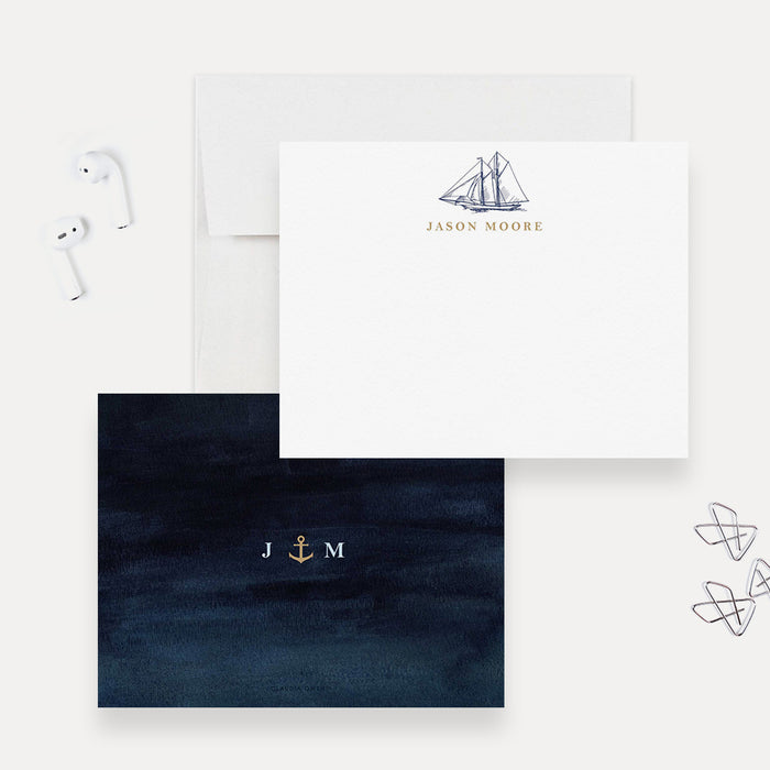Sailing Boat Note Card Sailboat Sea Mens Stationery, Personalized Monogrammed Card Blue Ocean Nautical Stationery