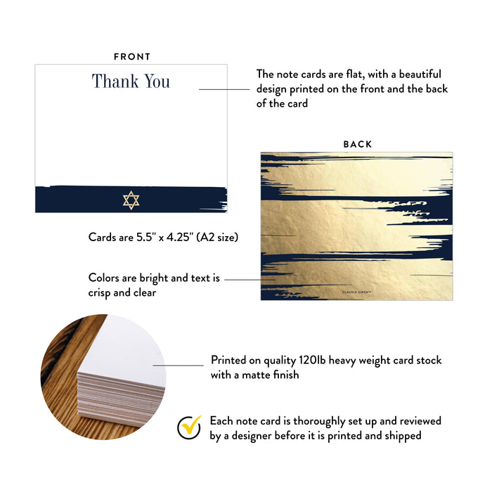 Chic and Sophisticated Bat Mitzvah Note Card Stationery in Navy Blue and Gold