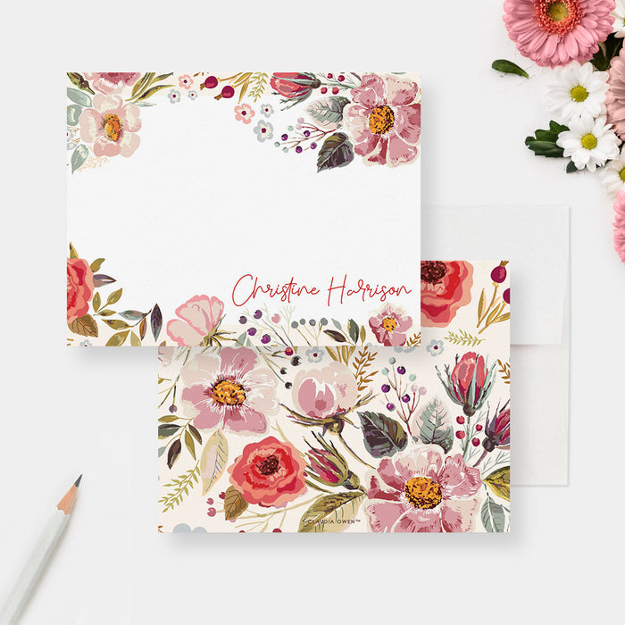 Personalized Floral Note Card Set, Women Wildflowers Stationary Paper, Custom Wedding Botanical Stationary Set, Floral Baby Shower Thank You Cards