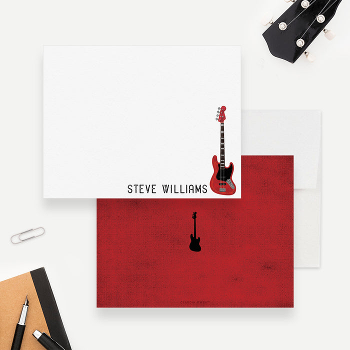 Electric Bass Guitar Note Cards, Personalized Music Lover Stationery Set, Custom Musician Thank You Cards, Gifts for Guitarist Band Musician