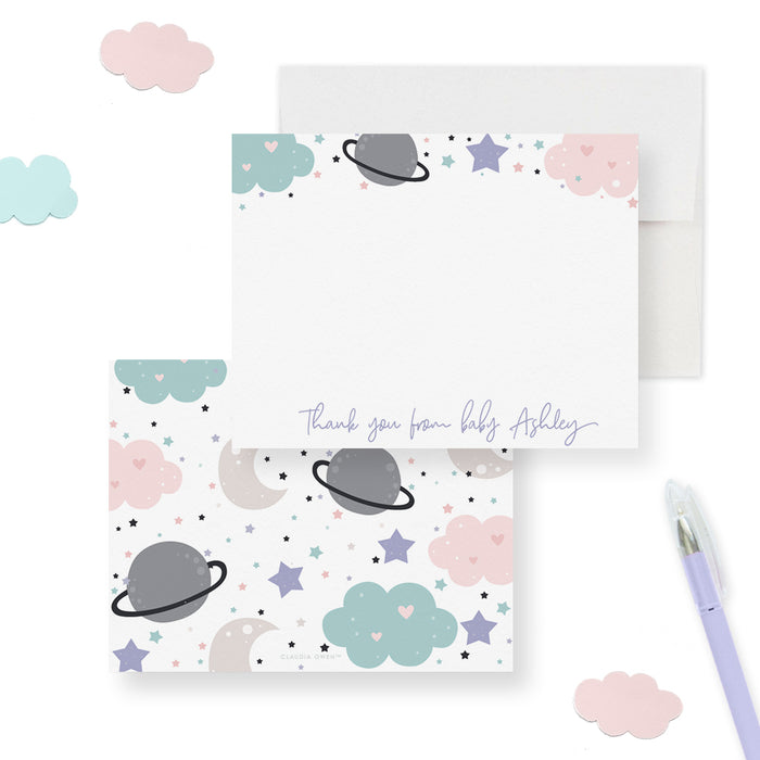 Clouds and Stars Personalized Note Cards, Girls Stationery Set, Baby Shower Thank You Card Moon Planet Saturn, Cards with Envelopes
