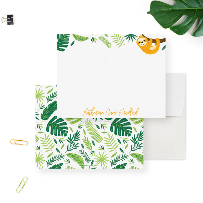 Kids Sloth Personalized Stationary, Sloth Note Cards for Children, Sloth Birthday Baby Shower Thank You Cards, Sloth Lover Gift with Tropical Leaves