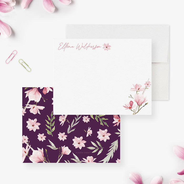Pink Magnolia Note Cards, Magnolia Stationery Set, Personalized Thank You cards, Watercolor Flower Magnolia Gift