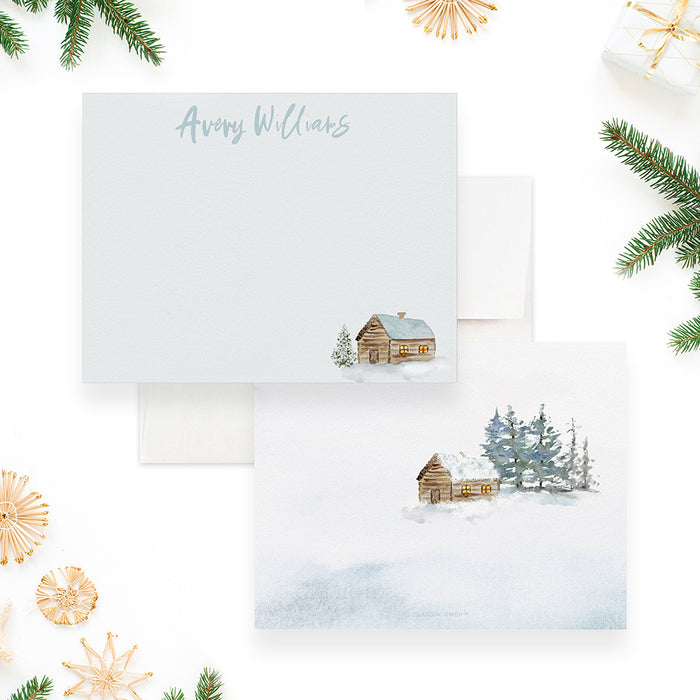 Personalized Christmas Winter Note Card, Watercolor Winter Thank You Cards, Forest Thank You Cards with Envelopes, Winter Log Cabin