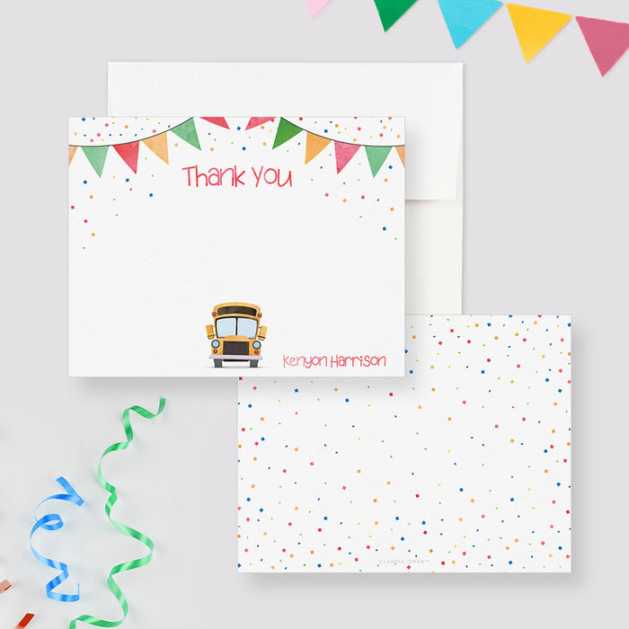 Kids Party Bus Thank You Card, School Yellow Bus Birthday Party Thank You Notes, Wheels on the Bus Stationery Set