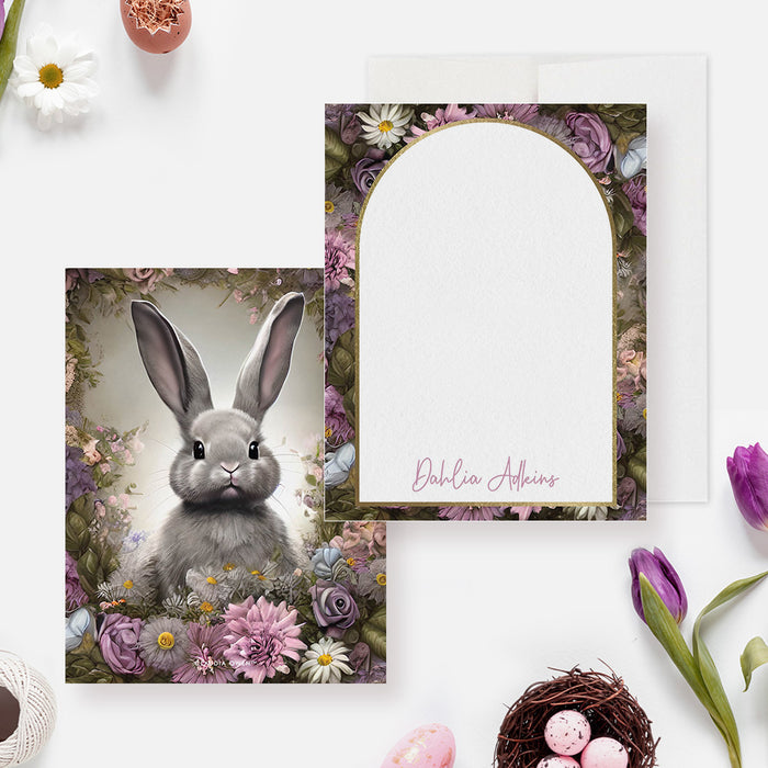 Floral Easter Note Cards with Arch Frame, Personalized Bunny Stationery Sets, Floral Rabbit Thank You Notes, Happy Easter Notes with Spring Flowers, Kids Easter Gifts