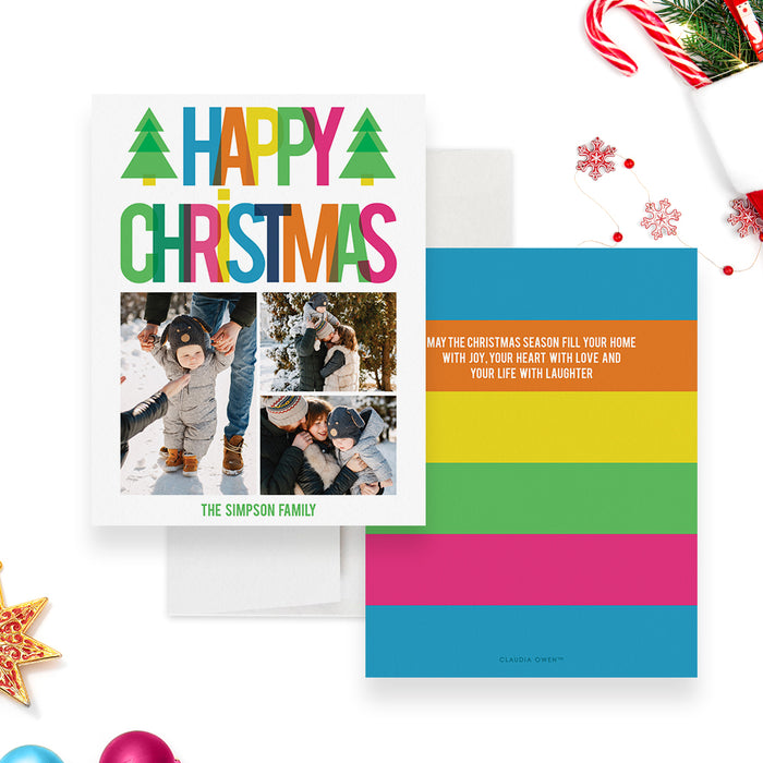 Colorful Happy Christmas Greeting Card with 3 Family Photos, Fun Holiday Greeting Card in Bright Colors, Holiday Photo Cards