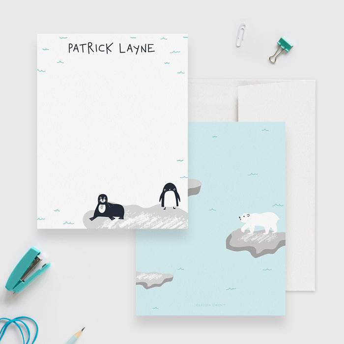 Polar Bear Stationery Set, Antarctica Iceberg Penguin Seal Personalized Kid's Note Card, North Pole Stationary Winter Thank You Note