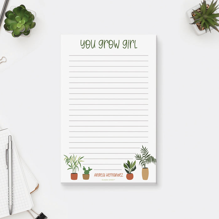 You Grow Girl Notepad, Personalized Plant Lover Gift for Her, Gardener Stationery Pad for Women, Plant Lady Plant Mom, Nature Lover Gift