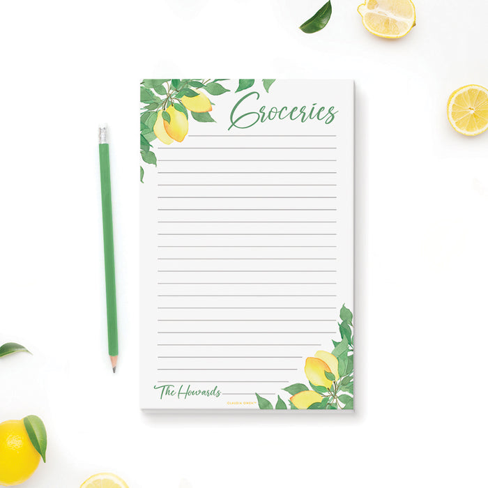 Shopping Grocery List with Lemon Illustrations, Grocery List Pad, Personalized Kitchen Lined Note Pad