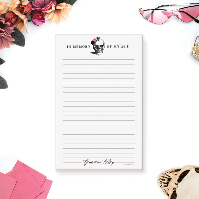 Personalized Floral Skull Notepad, Skull Stationery Pad, Death to My 20s 30s 40s Party Favors, In memory of my 20s 30s 40s Keepsake