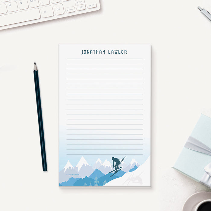 Skiing Notepad with Mountain Landscape, Personalized Skiing Stationery, Winter Sport Notepads, Gifts for Snow Skiers