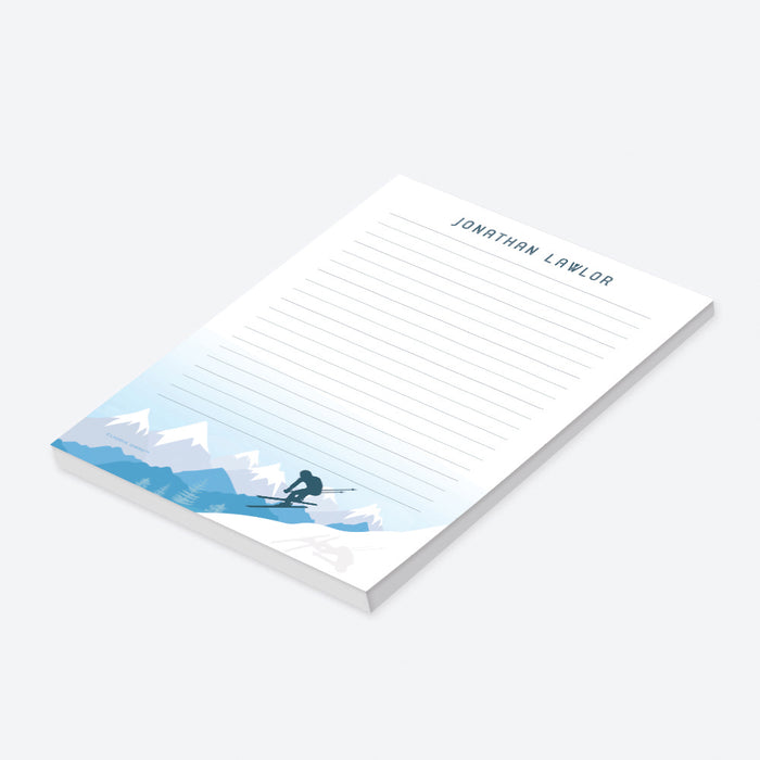 Skiing Notepad with Mountain Landscape, Personalized Skiing Stationery, Winter Sport Notepads, Gifts for Snow Skiers