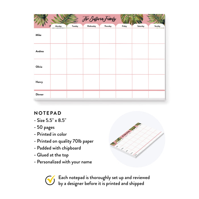 Personalized Weekly Family Planner Notepad, Modern Planner with Tropical Leaves, To Do List for the Home, Life Organizer, Family Activity Notepad