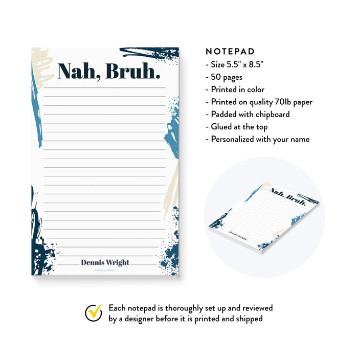Nah Bruh Notepad, Personalized Mens Notepad, Funny Stationery Memo Pad, Fun Office Gifts, Stationery For Men