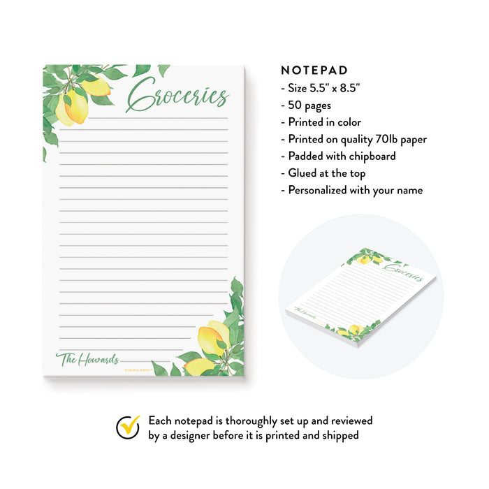 Shopping Grocery List with Lemon Illustrations, Grocery List Pad, Personalized Kitchen Lined Note Pad