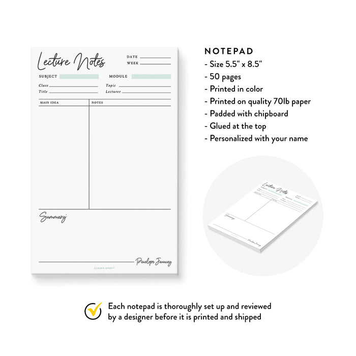 Lecture Notes Notepad Personalized with Your Name, College Gift, Lecture Summary Notepad, Student Gift