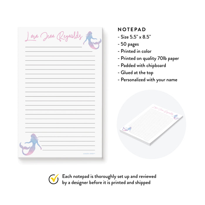 Mermaid Notepad for Girls, Personalized Mermaid Lover Gifts, Cute Mermaid Stationery for Children, Mermaid Writing Paper for Kids