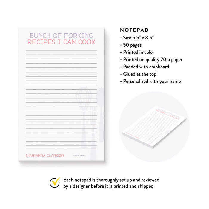 Bunch of Forking Recipes I Can Cook Notepad, Food Recipe Notepad, Funny Kitchen Notepad, Fun Cooking Gifts