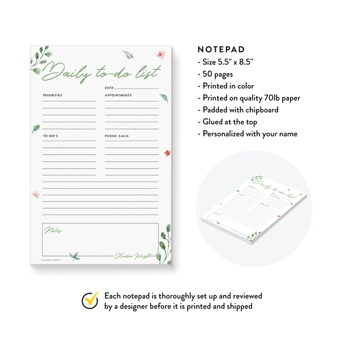 To Do List Notepad, Personalized Daily To Do List Notepad For Women, Mom Notepad with Green Leaf Illustrations