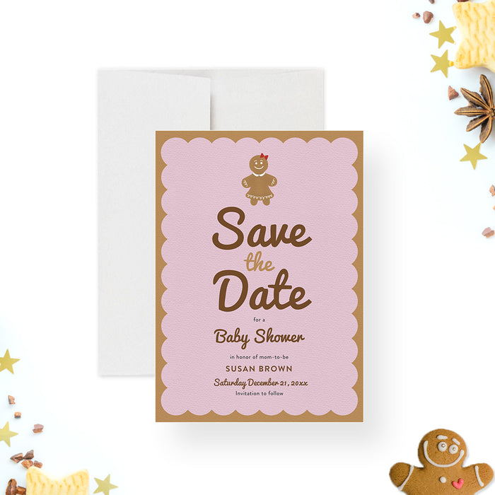 Gingerbread Save the Date Card for Girl Baby Shower Celebration, Cute Save the Date Card for Gingerbread Birthday Party