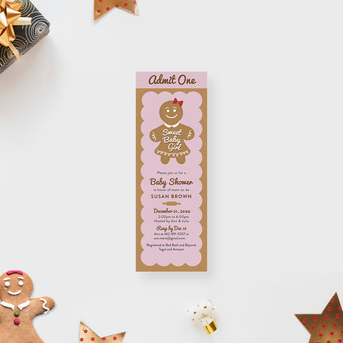 Gingerbread Baby Shower Ticket Invitation, Cute Ticket for Baby Girl Shower Celebration, Pink Gingerbread Ticket Card for Christmas Baby Shower