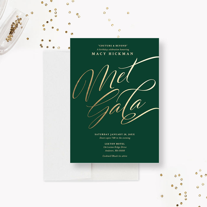 Elegant Green and Gold Met Gala Invitation Card for Birthday Celebration, Adult Birthday Party Invites, Birthday Dinner Invitations, Formal Birthday Bash Invite Cards