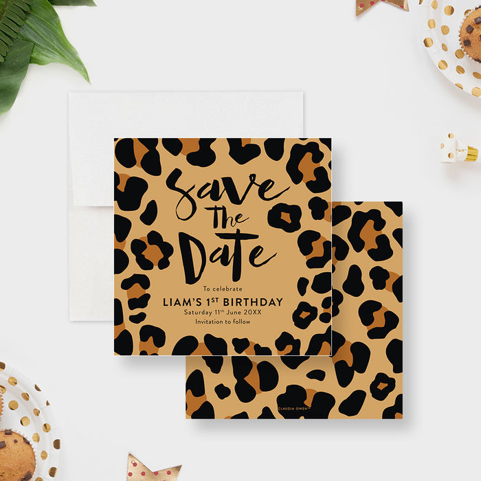 Wild One First Birthday Save the Date Card with Animal Leopard Print, Fun Save the Dates for Kids Birthday Bash, Safari Birthday Save the Date