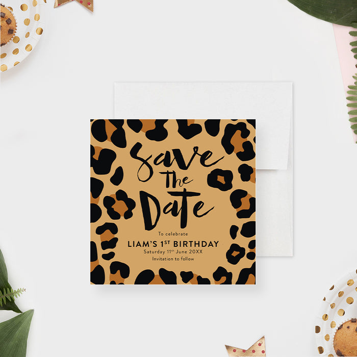 Wild One First Birthday Save the Date Card with Animal Leopard Print, Fun Save the Dates for Kids Birthday Bash, Safari Birthday Save the Date