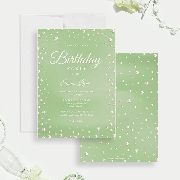 Pearl Invitation Editable Template, Sage Color Invite, Wedding Anniversary Invitation, Pearl Birthday Printable Digital Download