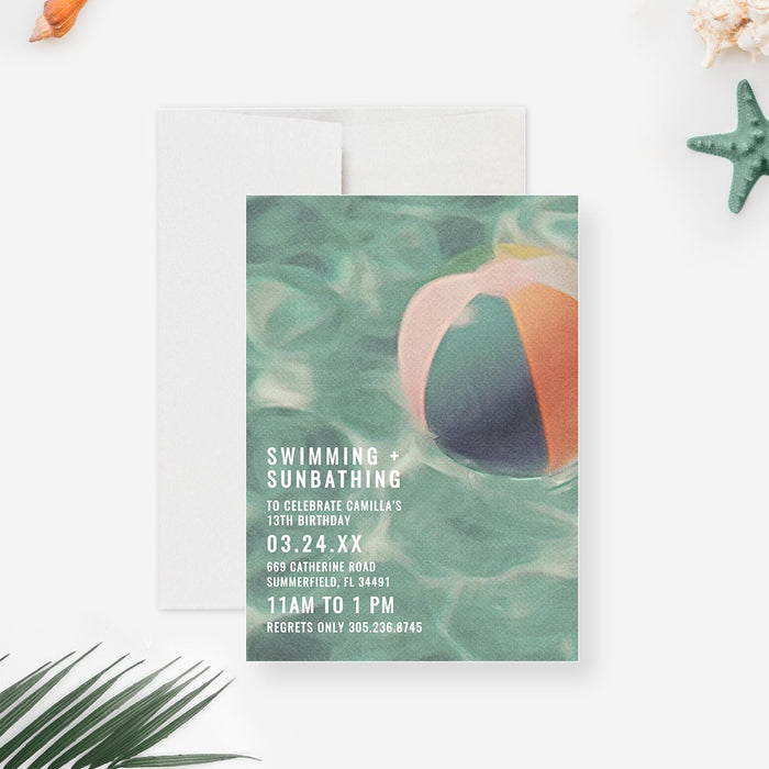 Swimming and Sunbathing Pool Birthday Party Invitation Editable Template, Summer Party Printable Digital Download, Beach Ball Invite