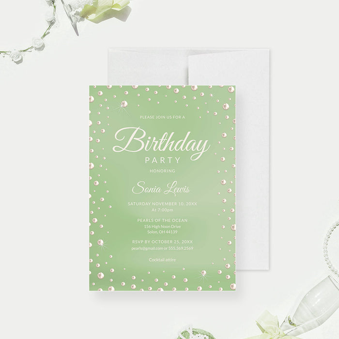 Pearl Invitation Editable Template, Sage Color Invite, Wedding Anniversary Invitation, Pearl Birthday Printable Digital Download