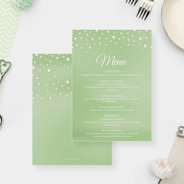 Menu Card with Pearls in Sage Background, Light Green Wedding Menu Printable Template, Editable Birthday Dinner Menu