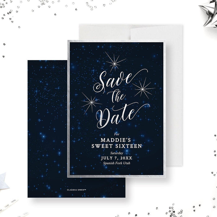 Save the Date Card in Silver, Starry Night Sky Save The Date Instant Download, Celestial Stars Save The Date Digital Printable Template