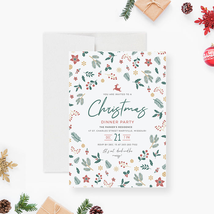 Christmas Family Dinner Editable Template, Easy to Use Holiday Dinner Party Invites, Holiday Party Digital Download, Personalized Holiday Card