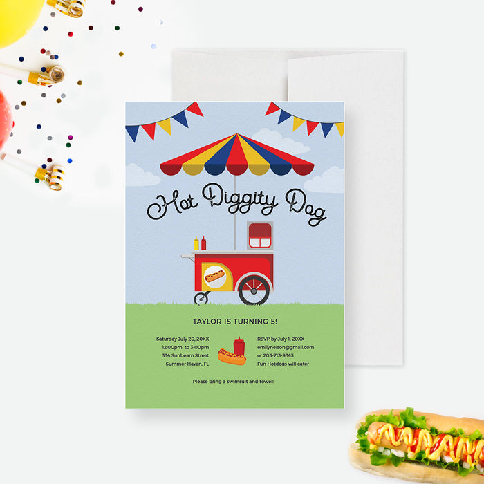 Hotdog Birthday Party Invitation, Food Cart Party Birthday Party, Summer Kids Birthday Party Invitation, Personalized Hot Diggity Dog Birthday Invitation Card