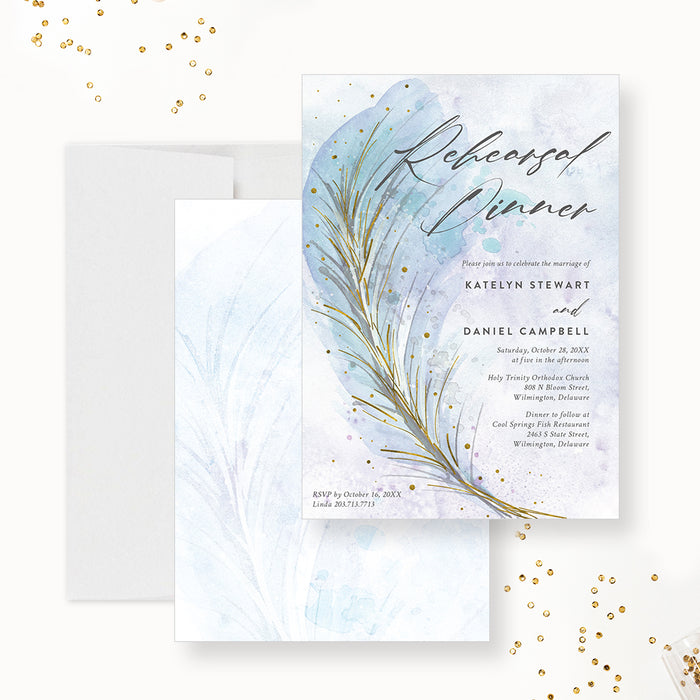 Elegant Lavender Blue Foliage Rehearsal Dinner Invitation, Romantic Wedding Anniversary Party Invites, Feather Bridal Shower, Personalized Vow Renewal Cards