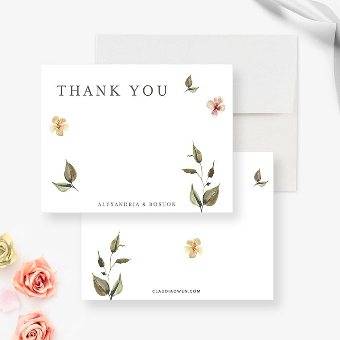 Floral Watercolor Wedding Thank You Cards, Bridal Shower Thank You Notes with Vintage Flower Illustrations, Personalized Anniversary Party Thank You Note Cards