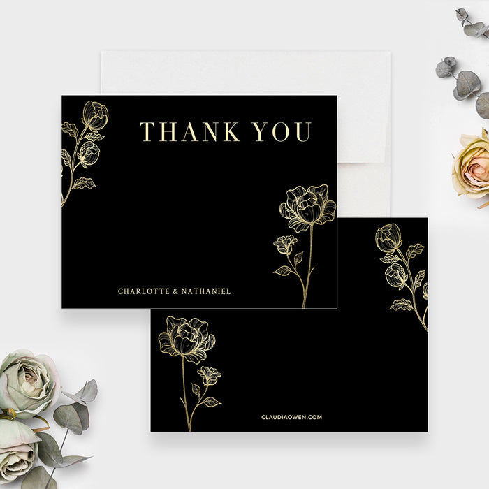 Gold Floral Spring Wedding Thank You Cards, Elegant Bridal Shower Thank You Notes with Gold Flowers, Personalized Black and Gold Anniversary Party Thank You Note Cards