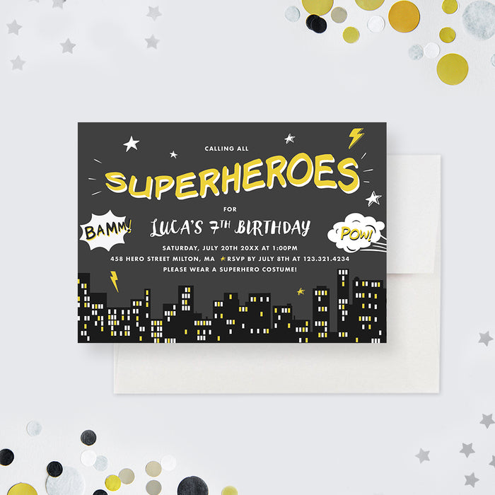 Superhero Birthday Party Invitation, 1st 2nd 3rd 4th 5th 6th 7th Kids Birthday Invitations for Boys and Girls, Comic Book Birthday Party Invites, Cartoon Invite Cards