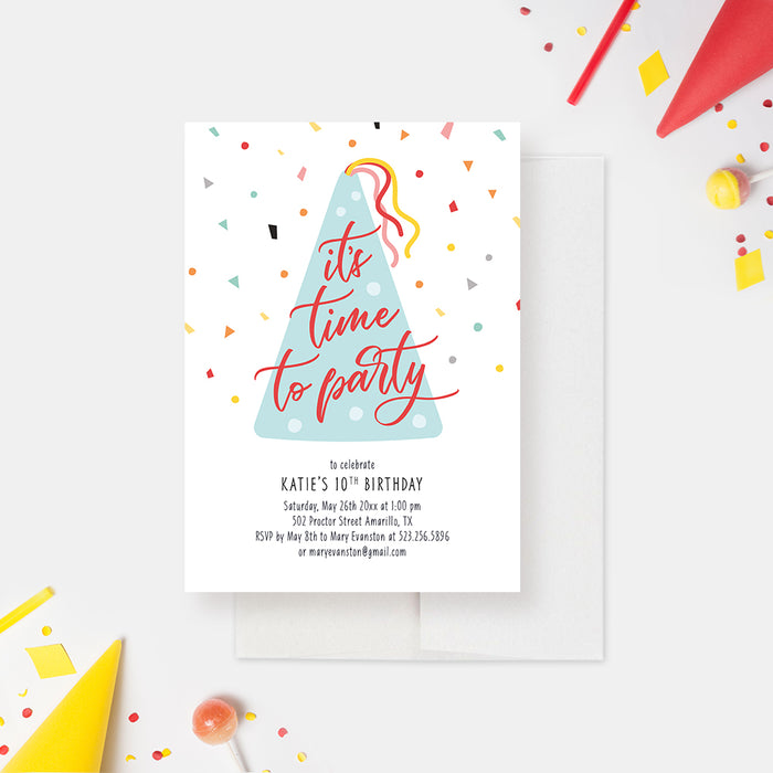 Party Hat Birthday Invitation, Colorful Kids Birthday Invitations for Boys and Girls, 1st 2nd 3rd 4th 5th 6th 7th Birthday Party Invites, Fun Confetti Birthday Invite Cards