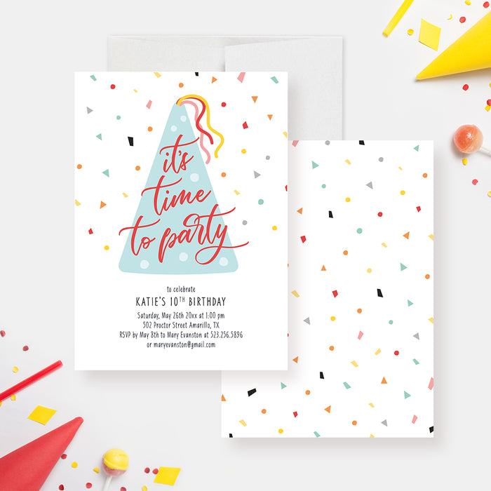 Party Hat Birthday Invitation, Colorful Kids Birthday Invitations for Boys and Girls, 1st 2nd 3rd 4th 5th 6th 7th Birthday Party Invites, Fun Confetti Birthday Invite Cards