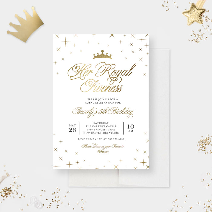 Her Royal Fiveness Birthday Party Invitation, Elegant 5th Birthday Invitations, Princess Birthday Party Invites for Girls, Once Upon a Time Invite Cards, Little Princess