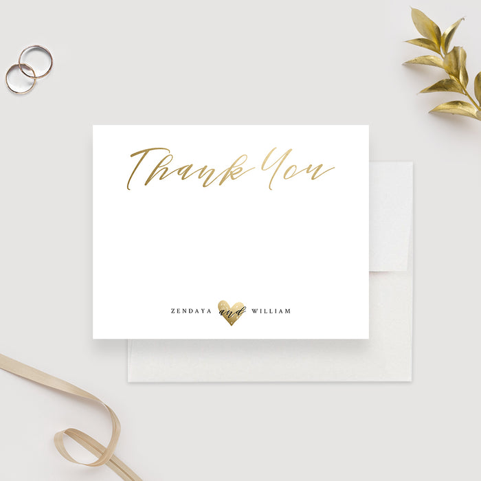 White and Gold Wedding Thank You Card with Heart, Personalized Appreciation Cards, Elegant Minimalist Thank You Notes, Modern Anniversary Party Thank You Note